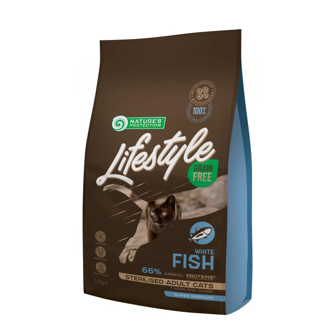 Nature s Protection Lifestyle Grain Free Sterilised Cat cu Peste Alb