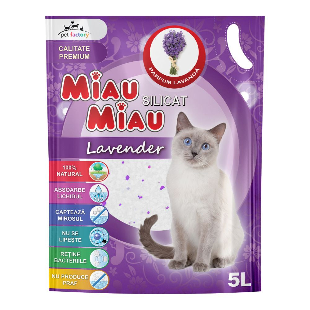 Așternut igienic lavanda pentru pisici, MIAU MIAU silicat, 5l