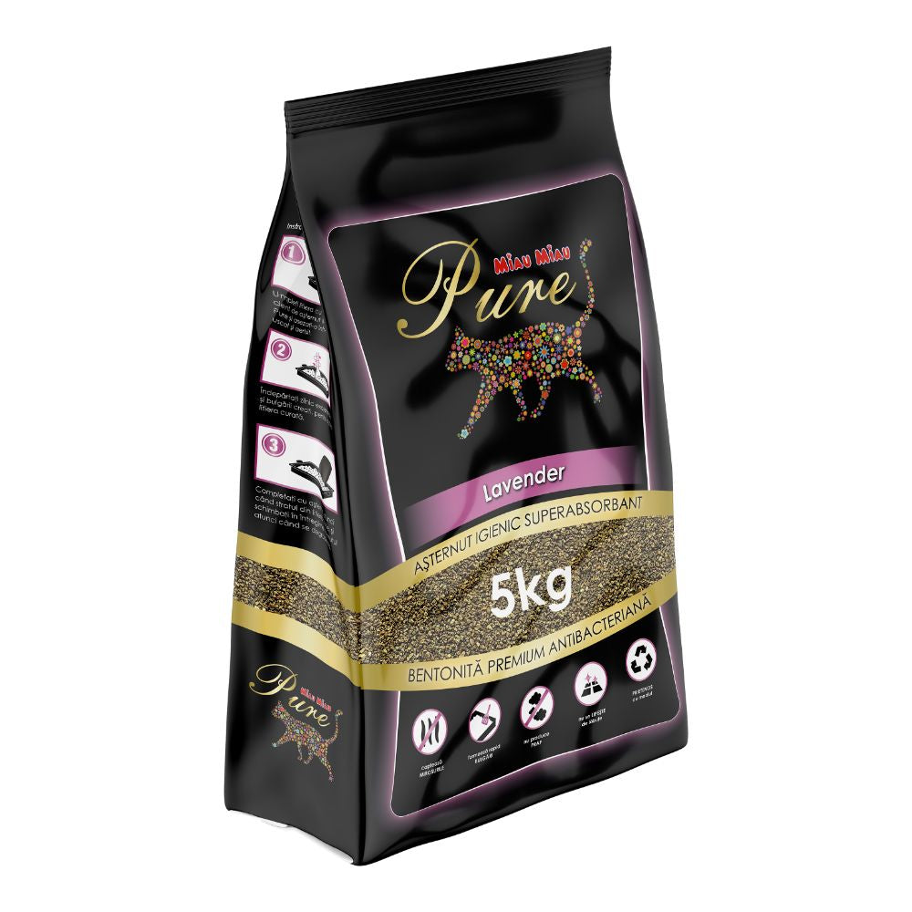 Așternut igienic bentonita cu lavanda, MIAU MIAU, 5kg pentru igiena pisicilor, antibacterian, biodegradabil, curatare usoara, fără prah