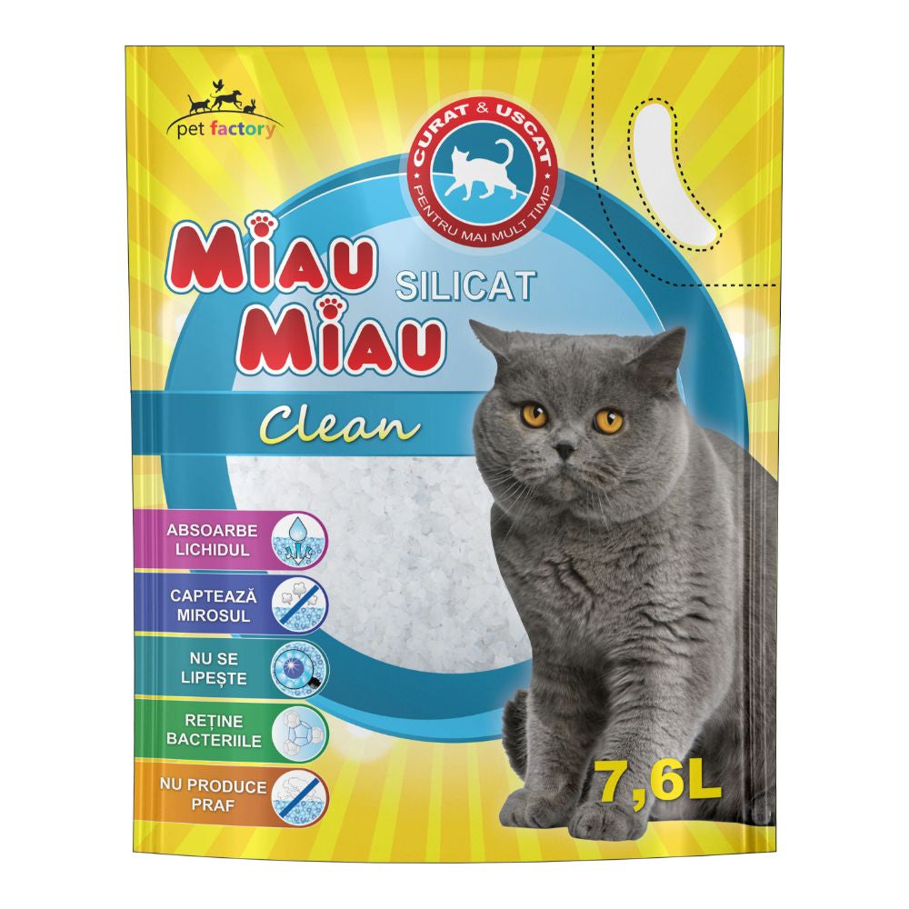 Așternut igienic silicat pisici clean, MIAU MIAU, premium, 7.6l
