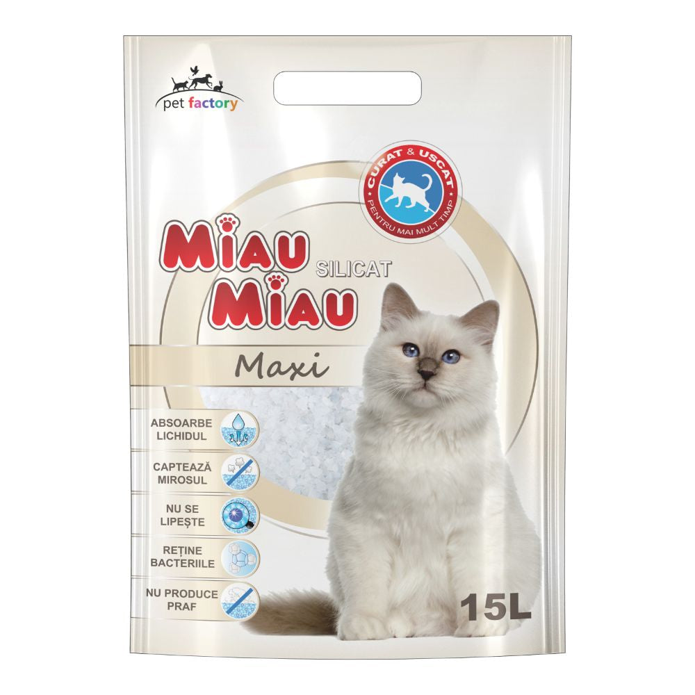 Așternut igienic pentru pisică din silicat, MIAU MIAU, maxi, 15l