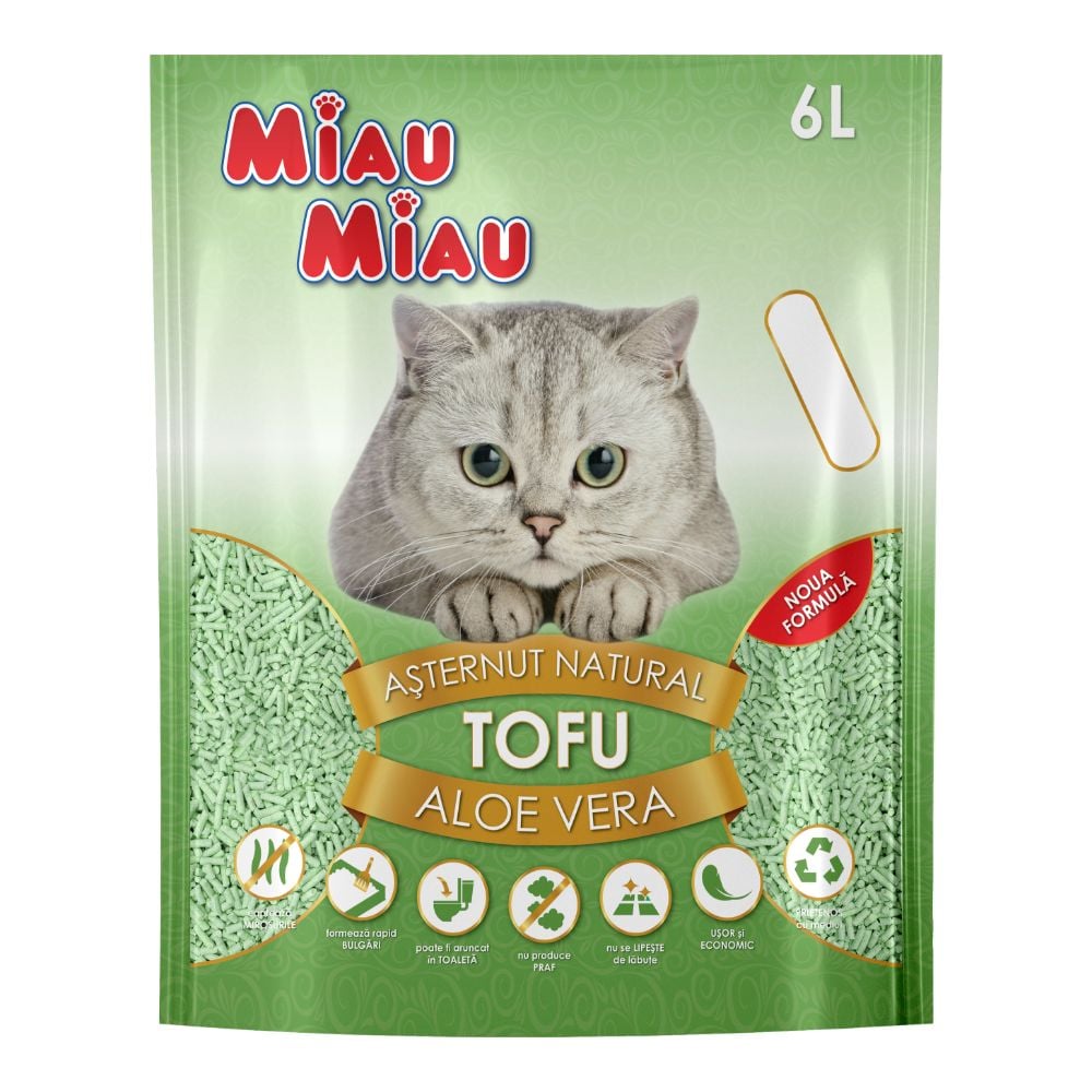 Așternut igienic din tofu cu aloe vera pentru pisici, MIAU MIAU, 6l, 100% natural și biodegradabil