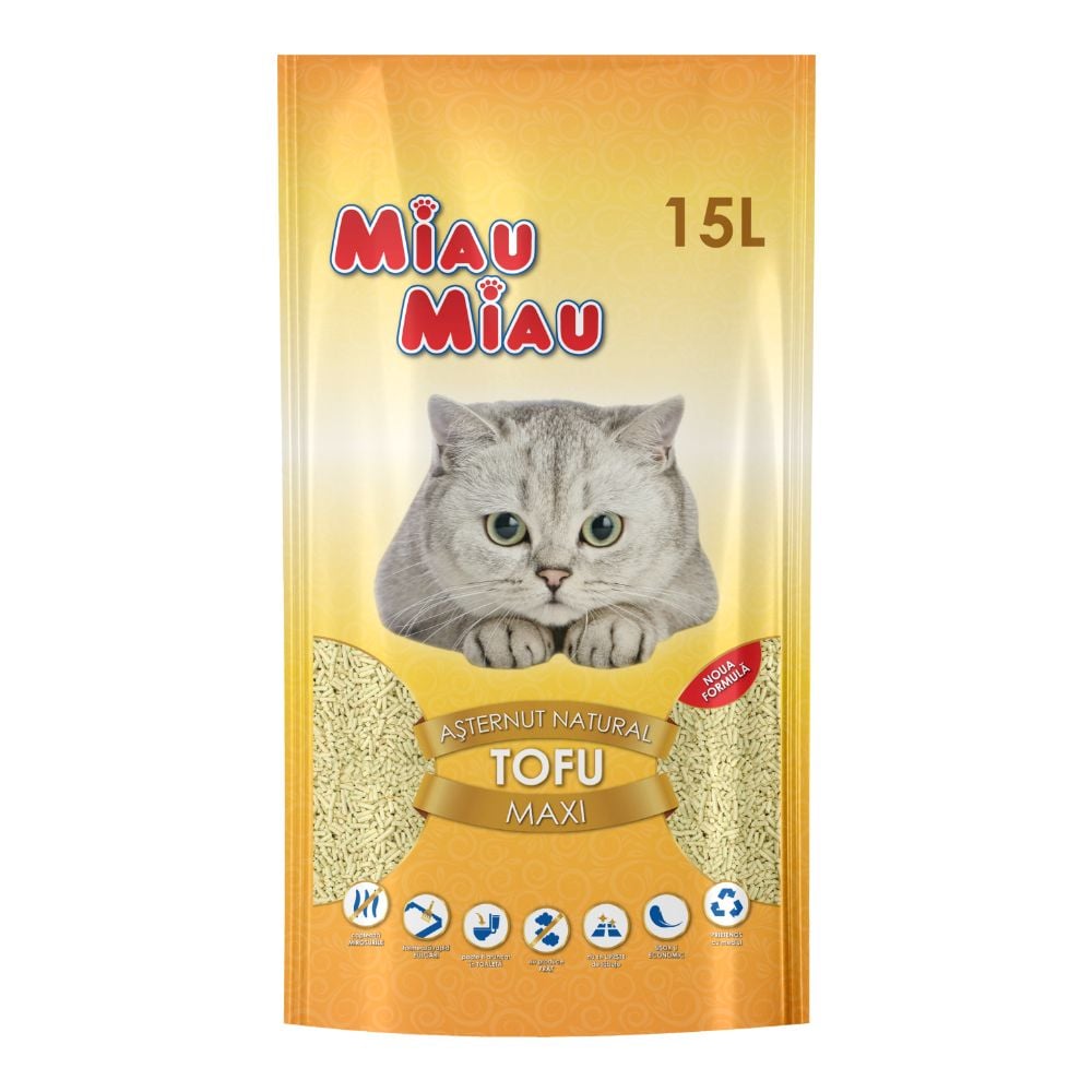 Litiere biodegradabile vanilie pentru pisici, MIAU MIAU tofu, maxi, 15l