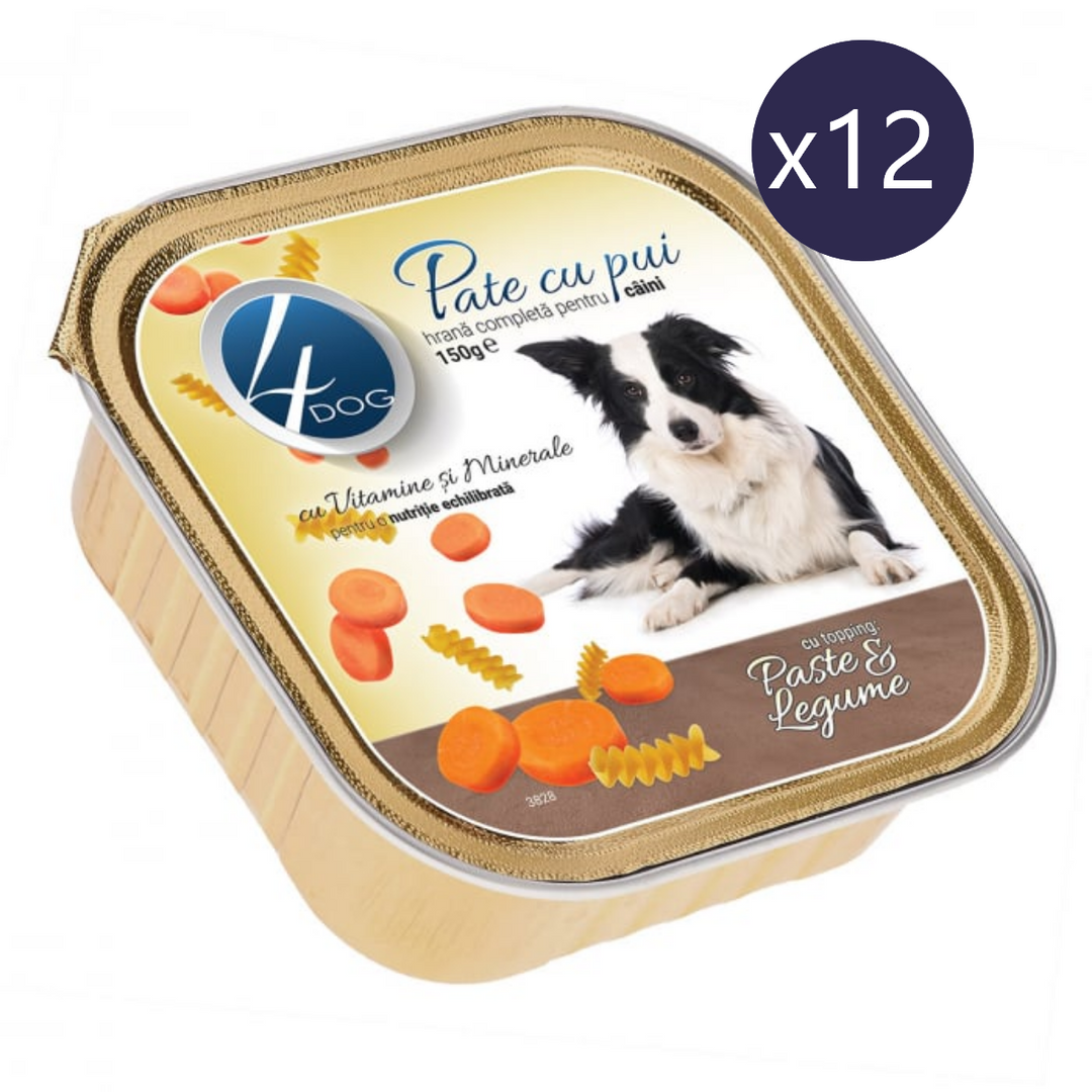 Pate pentru câini 4DOG | Pui cu topping de legume, 150g