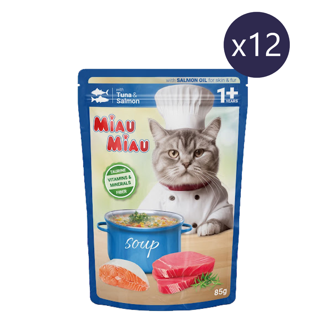 Hrană Umedă Pisici MIAU-MIAU | Supă Ton și Somon, Plic 85g