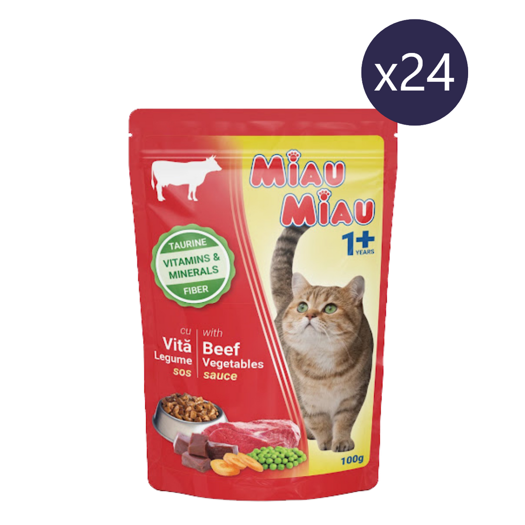 Hrană Umedă Pisici MIAU-MIAU | Vită și Legume în Sos, 100g