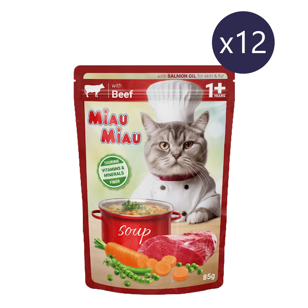 Hrană Umedă Pisici MIAU-MIAU | Supă, Vită și Legume, 85g