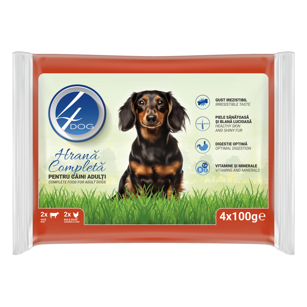 Hrană umedă premium câini adulti, 4DOG, mixt pui ficat și vita, 4x100g, nutritie completă și gust savuros