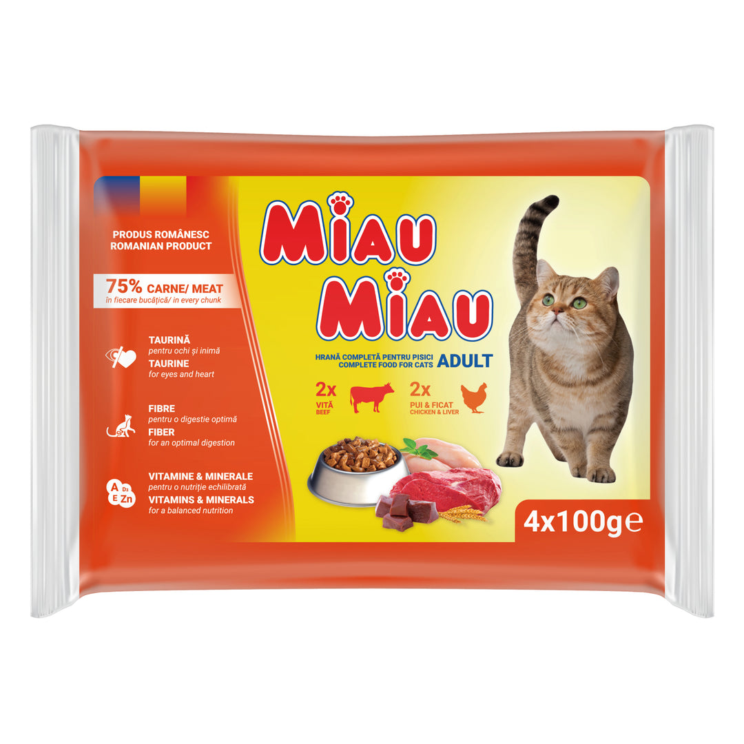 Hrană umedă premium pisică adult pui ficat și vită, MIAU MIAU mixt, 4x100g