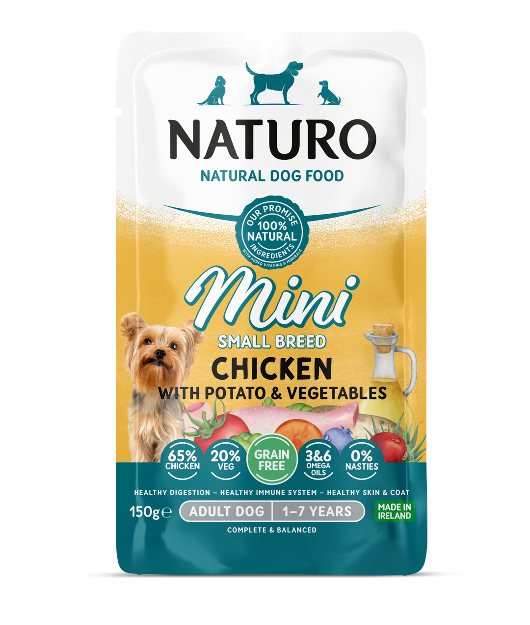 Pouch Naturo Dog Adult Mini cu Carne de Pui 150 Gr