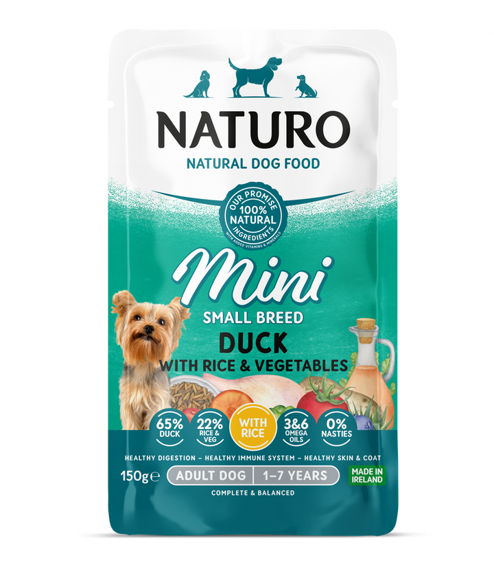 Pouch Naturo Dog Adult Mini cu Carne de Rata si Orez 150 Gr