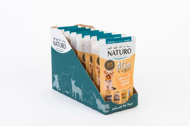 Pouch Naturo Dog Adult Mini cu Somon si Orez 150 Gr