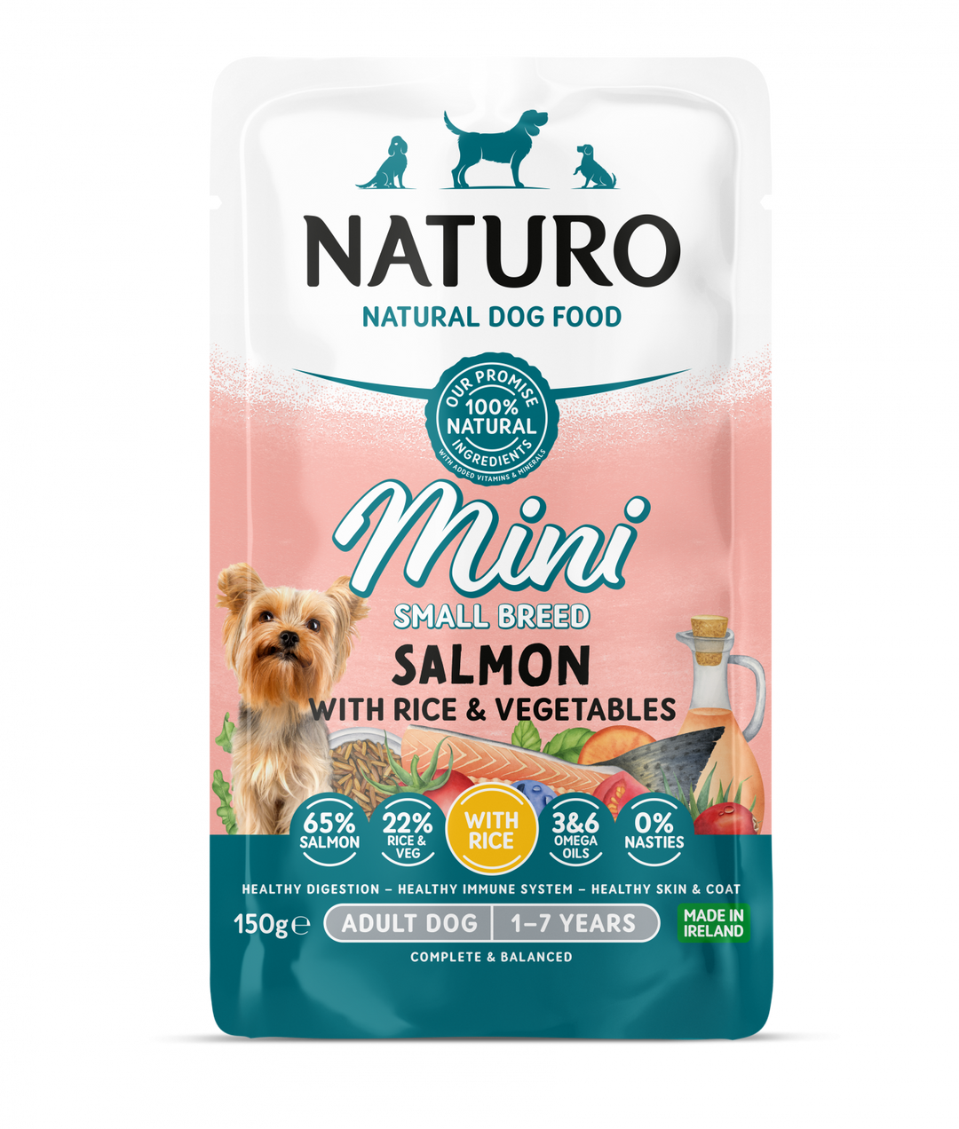 Pouch Naturo Dog Adult Mini cu Somon si Orez 150 Gr