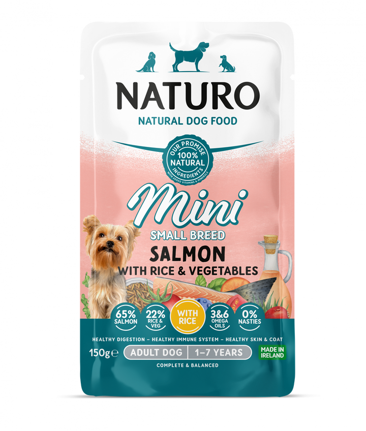 Pouch Naturo Dog Adult Mini cu Somon si Orez 150 Gr