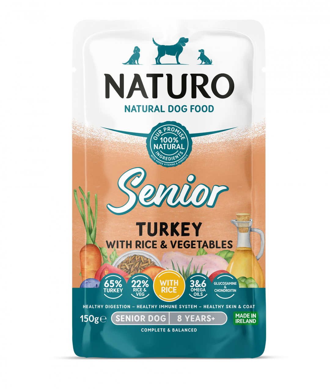 Pouch Naturo Senior cu Carne de Curcan, Orez si Legume 150 Gr