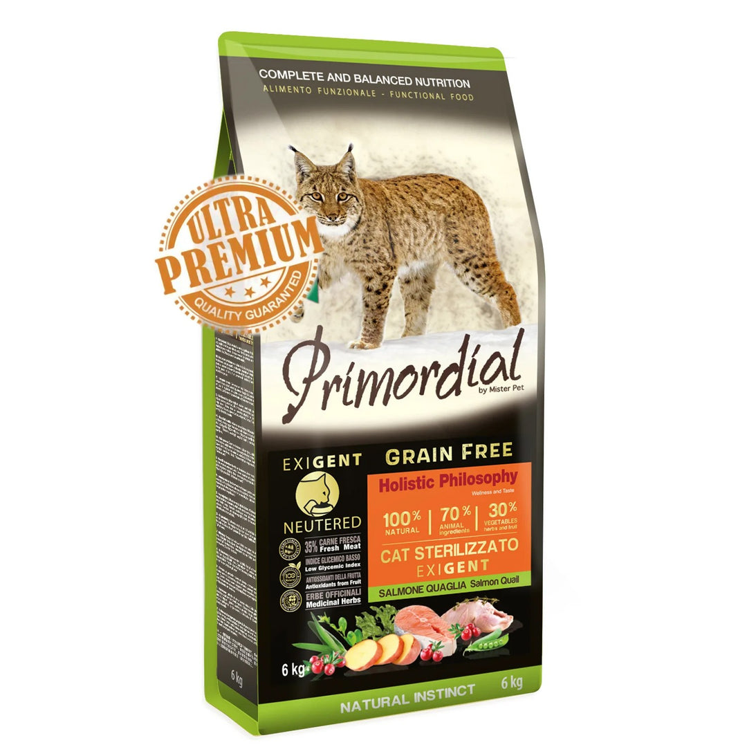 Primordial Grain-Free Holistic Cat Adult Neutered Exigent cu Somon si Prepelita