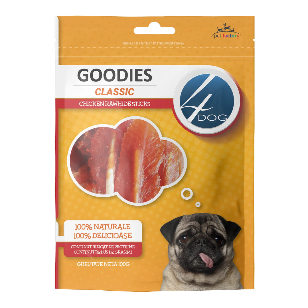 Recompense naturale din piele presata pentru câine, 4DOG GOODIES, sticks cu pui 100g