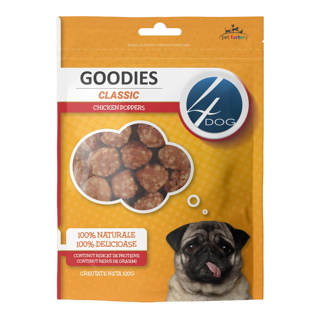 Recompense premium câine adult, 4DOG GOODIES poppers pui, 100g