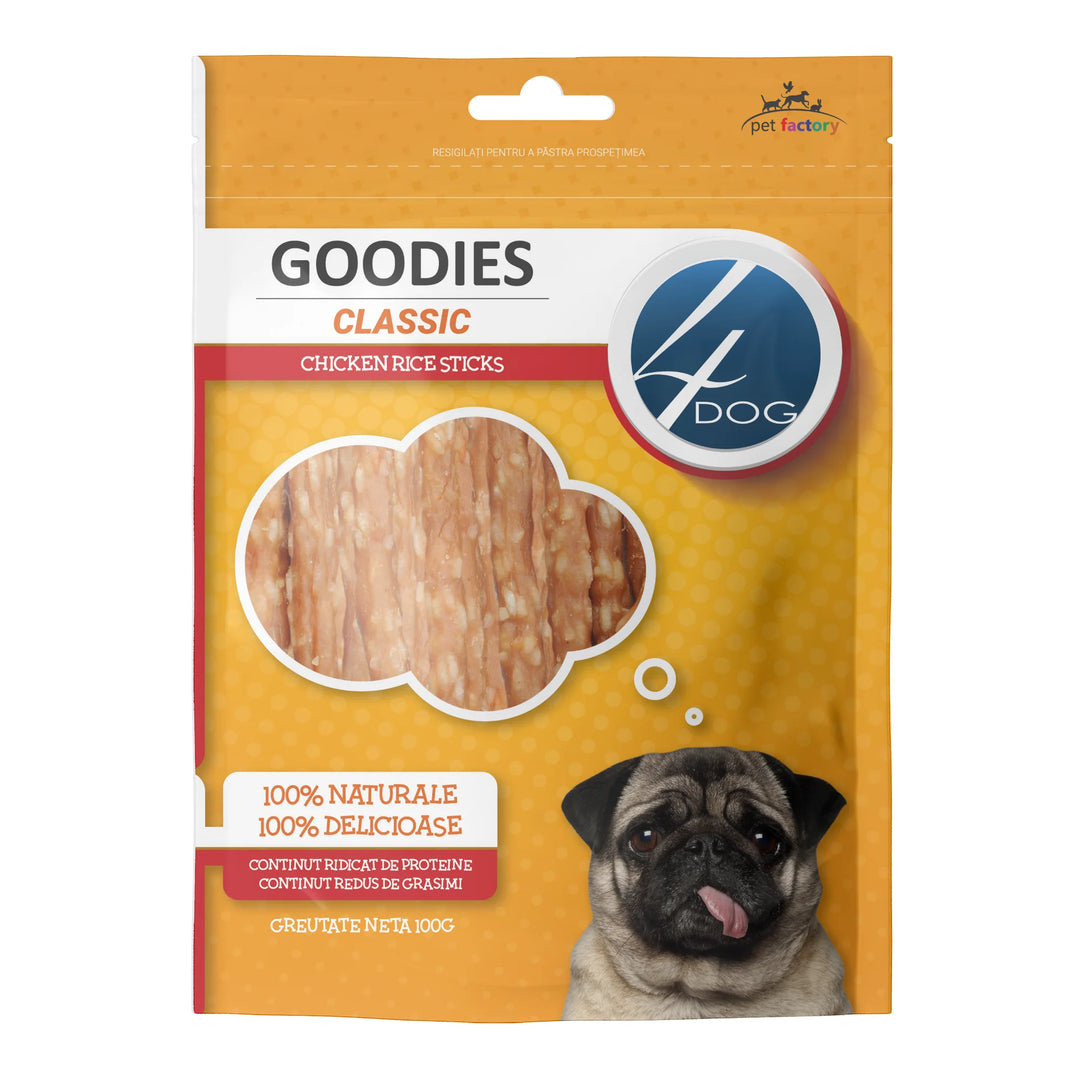 Gustări naturale pentru câine adulți, 4DOG GOODIES classic sticks, pui și orez, 100g
