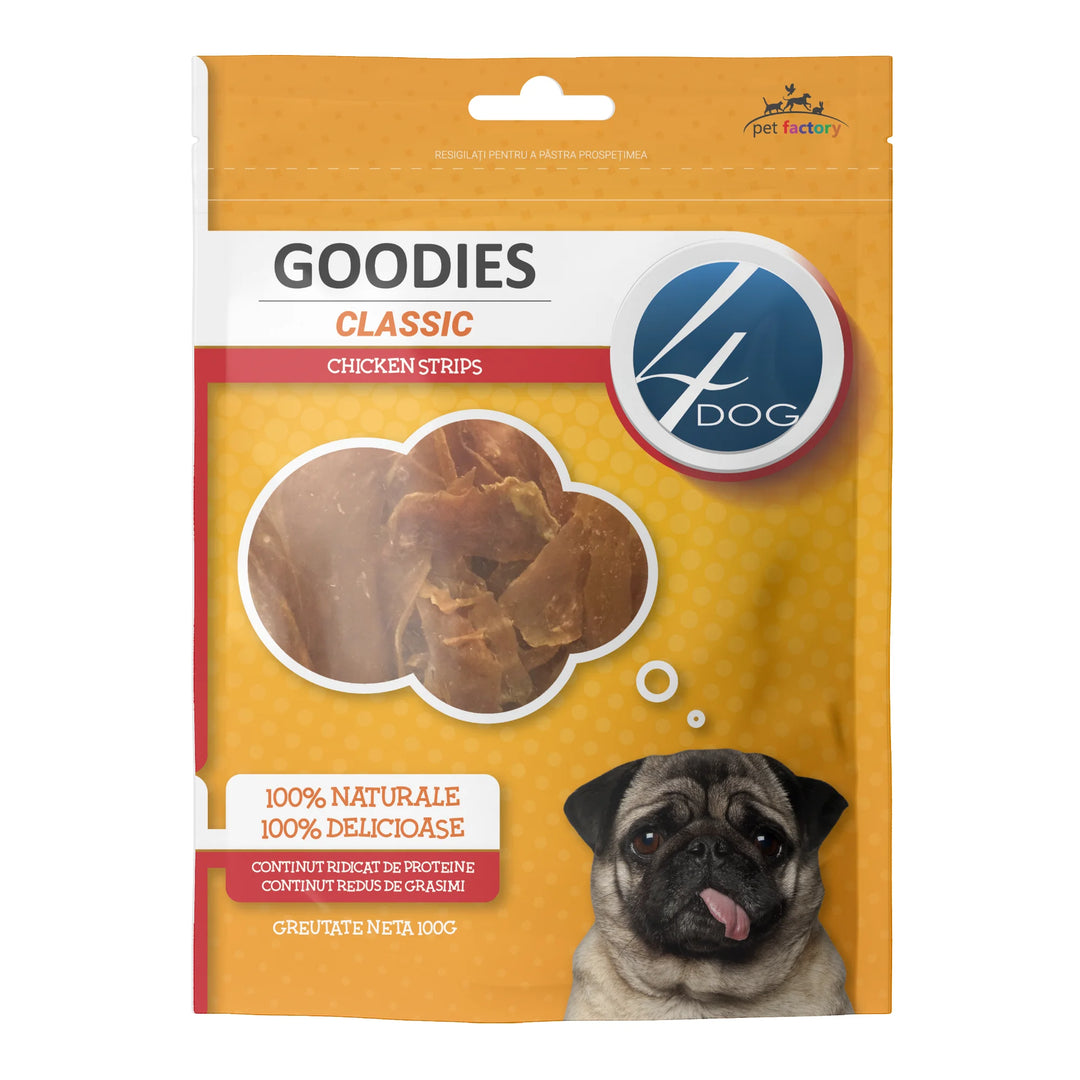 Recompense naturale pentru câini adulți, strips de pui, 4DOG GOODIES classic, 100g