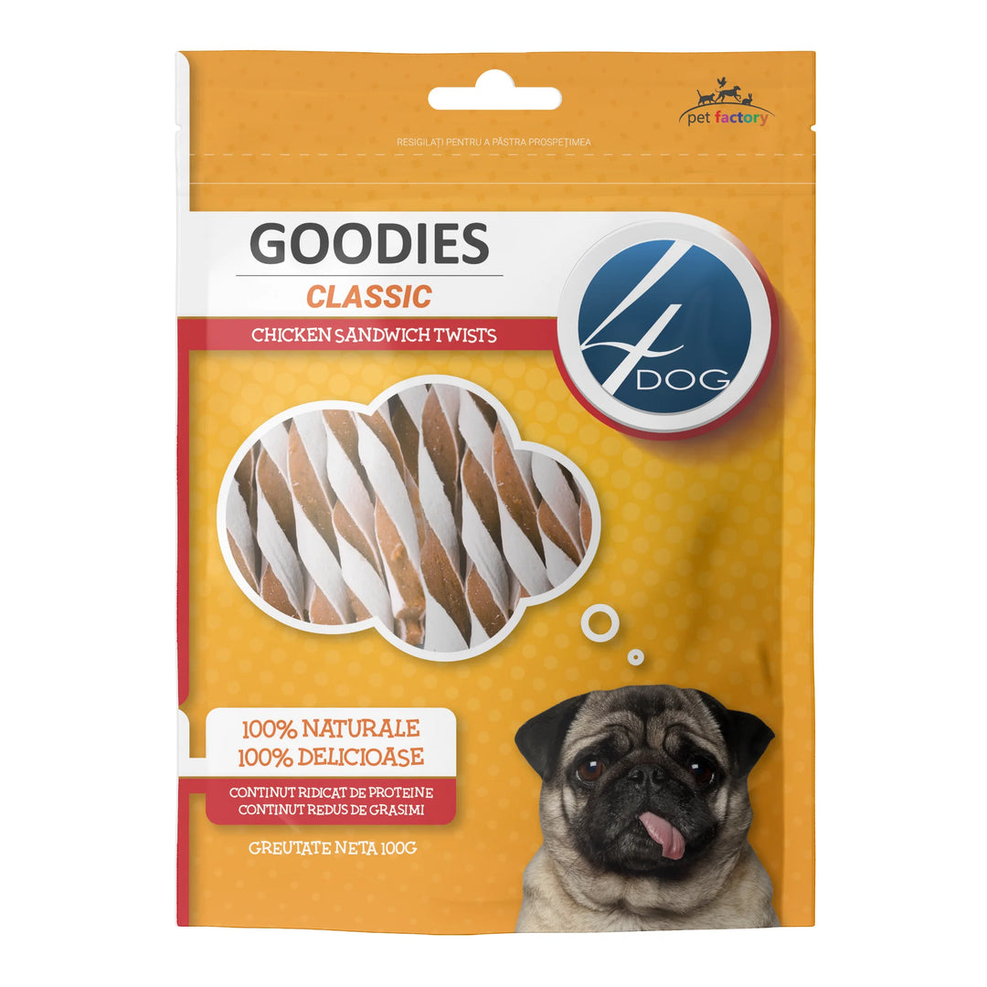 Gustări naturale recompensă câine adult, 4DOG GOODIES, pui 70%, cod 20%, twists, 100g