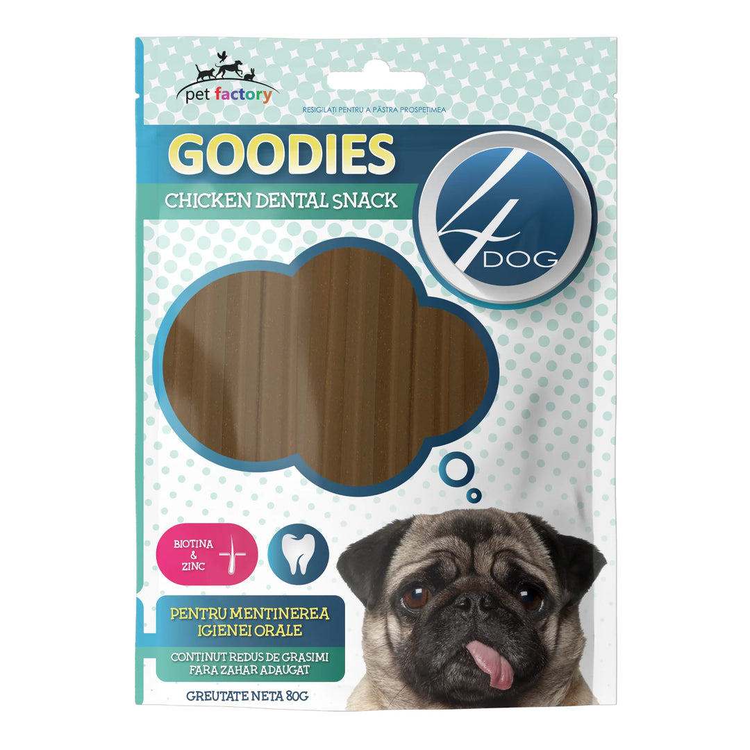 Gustări dentare pentru câini adulți, 4DOG GOODIES, 80g, pui cu biotină pentru îngrijire orală și blană sănătoasă
