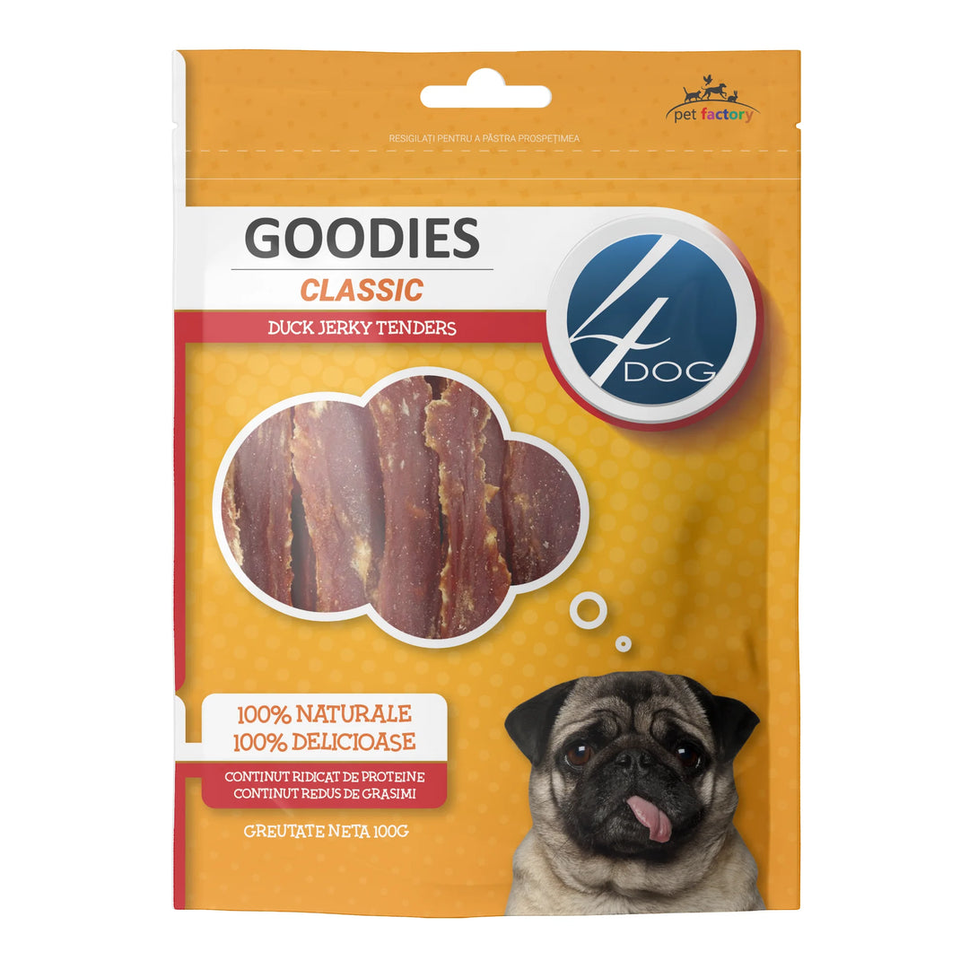 Gustări naturale pentru câini adulți, 4DOG GOODIES classic, fâșii frăgezi de rață, 100g