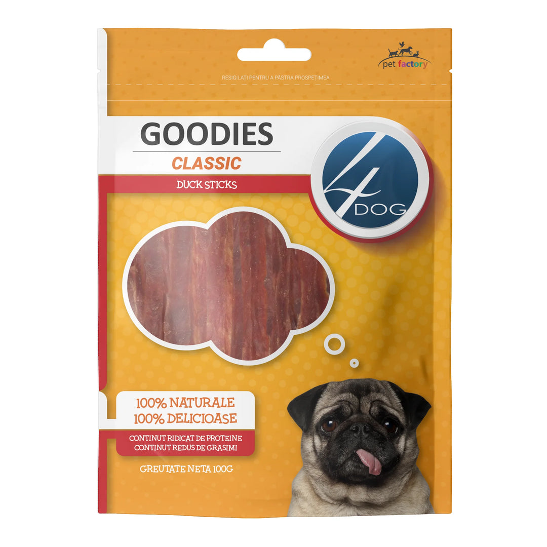 Recompense naturale pentru câini adulti, 4DOG GOODIES classic, batoane din carne de rata - gustare sănătoasă și delicioasa, 100g