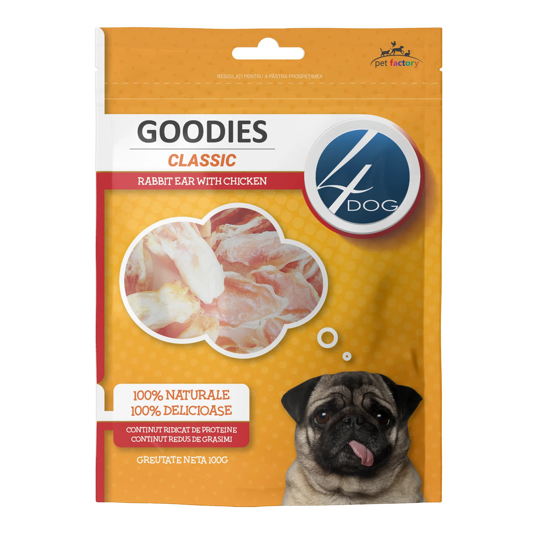Gustări naturale pentru câini adulți, 4DOG GOODIES classic, urechi de iepure cu pui, 100g