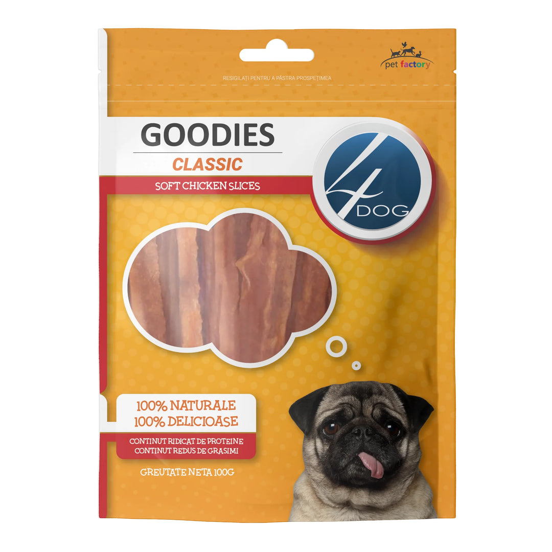 Recompense premium câini adulti, 4DOG GOODIES classic, fasii pui 85%, 100g