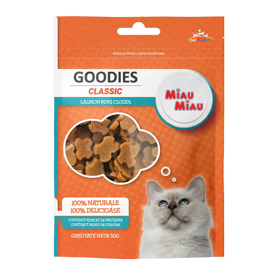 Gustări delicioase pentru pisici adulte, MIAU MIAU GOODIES, mini cloud cu somon, 50g