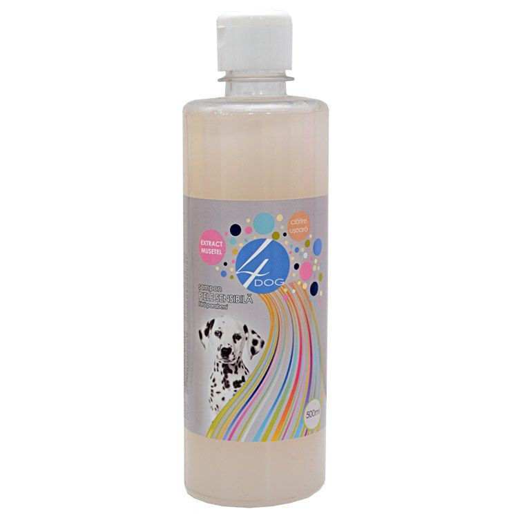 Șampon piele sensibilă 4DOG, 500ml - formula delicată cu mușețel și vitamina e pentru blană moale și parfumată