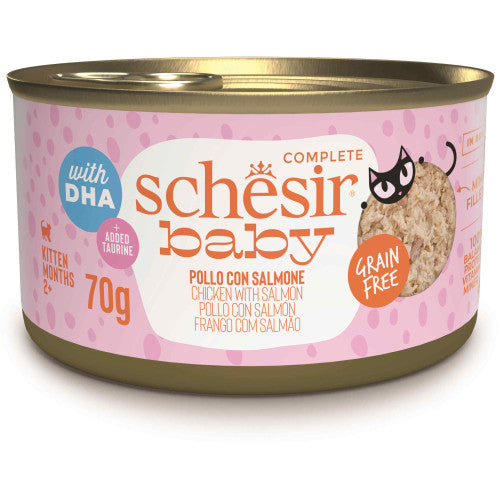Hrana umeda pentru pisici Schesir Baby Conserva, Supă cu Pui şi Somon 70 gr