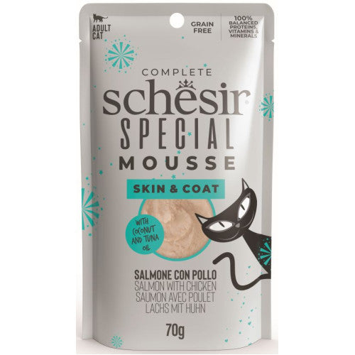 Hrana umeda pentru pisici Schesir Special Skin &amp; Coat Plic, Mousse cu Somon şi Pui 70 gr