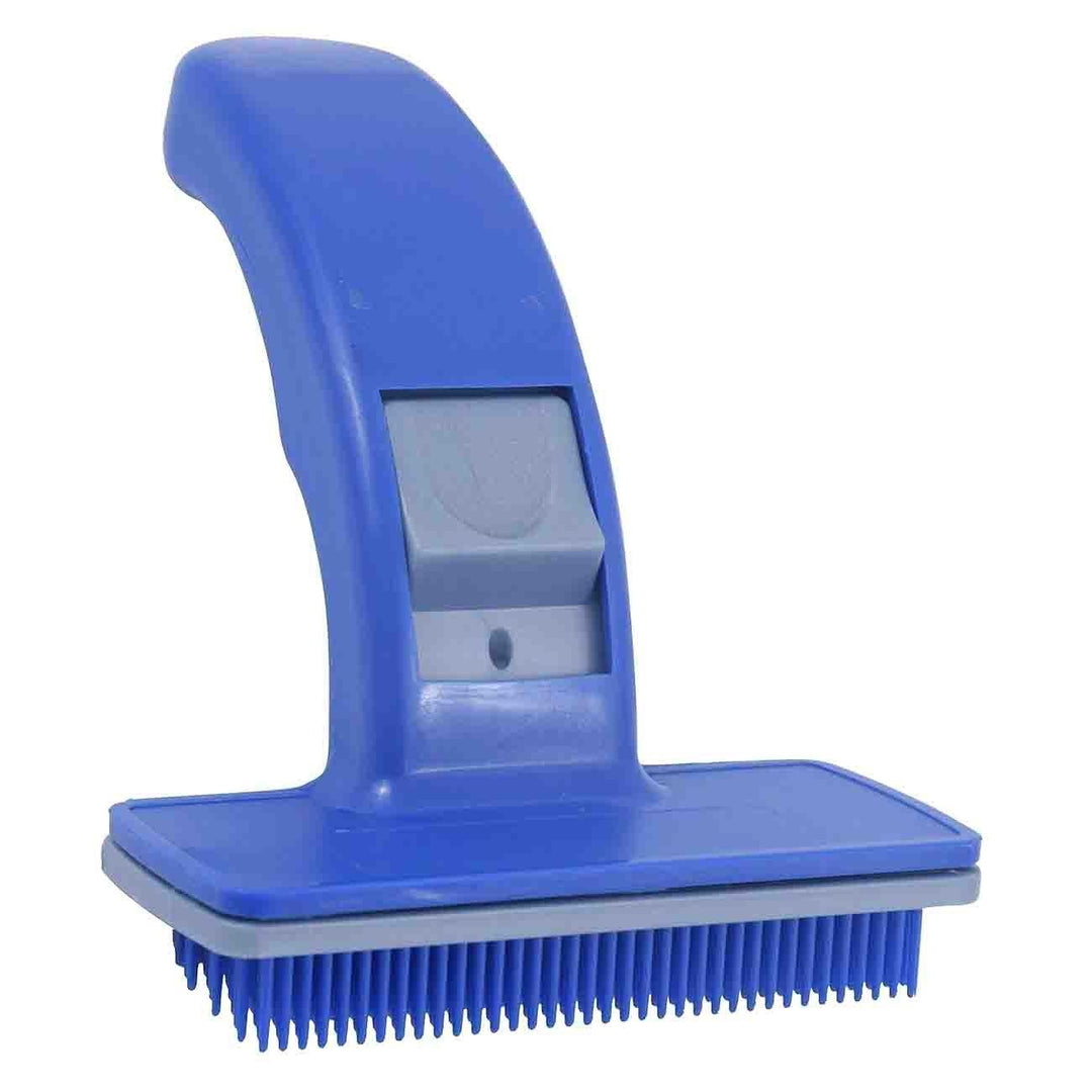 Perie de îngrijire cu buton pentru câini și pisici, 4DOG, plastic, albastru, ergonomică și eficientă în eliminarea părului mort și nodurilor