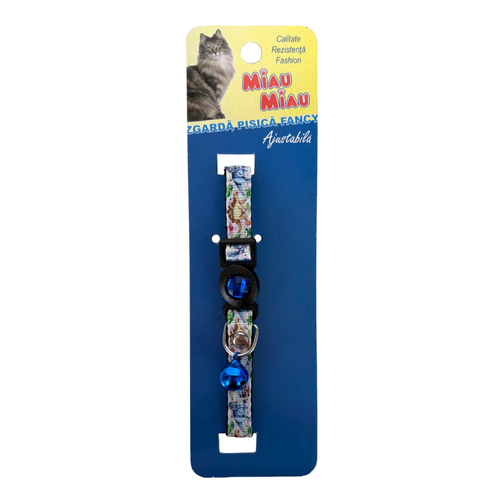 Zgardă fancy albastru pentru pisici, MIAU MIAU, 32 cm, cu clopotel și material textil confortabil